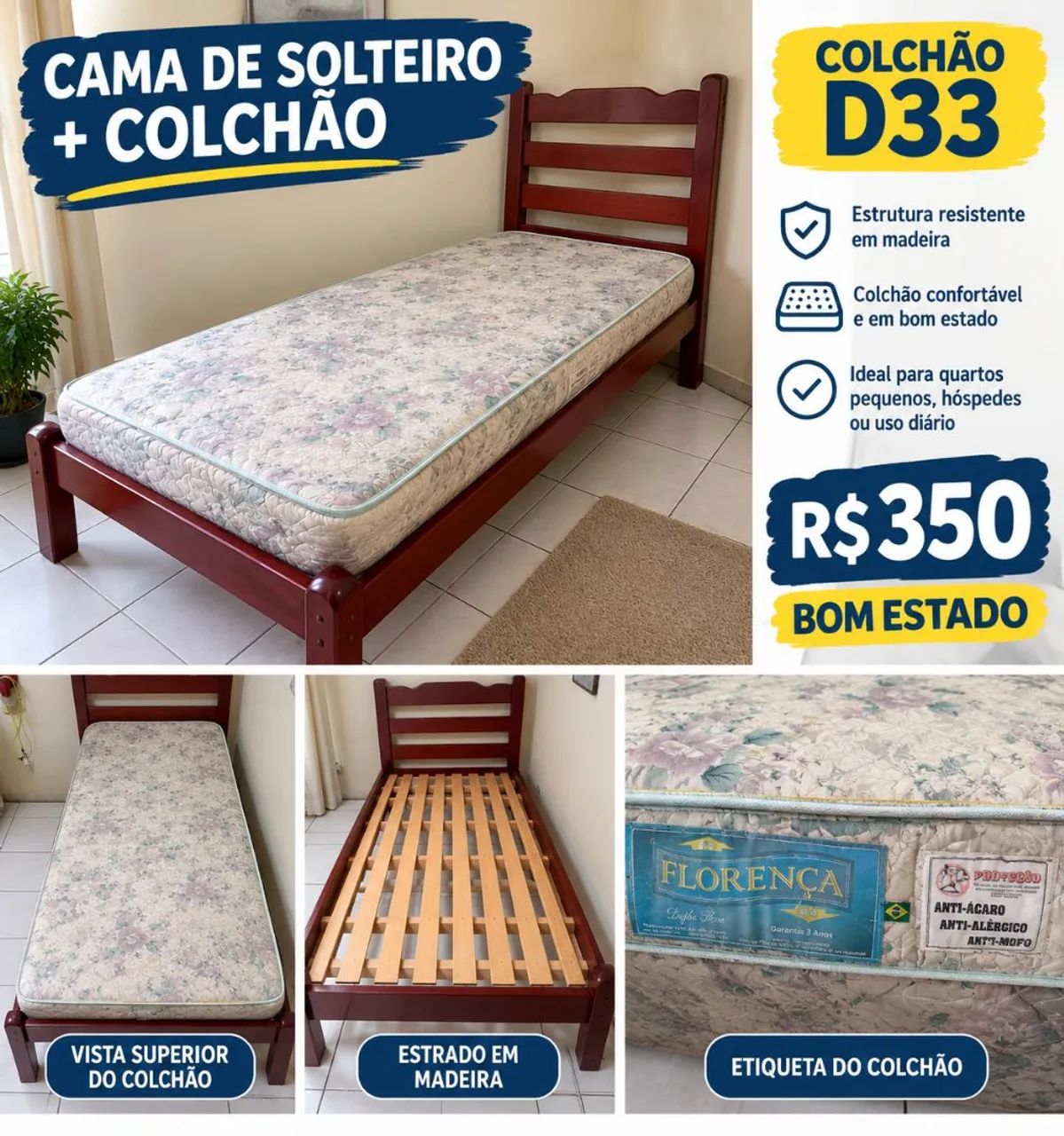 Cama de Solteiro + Colchão Florença D33 - Madeira - Foto 3