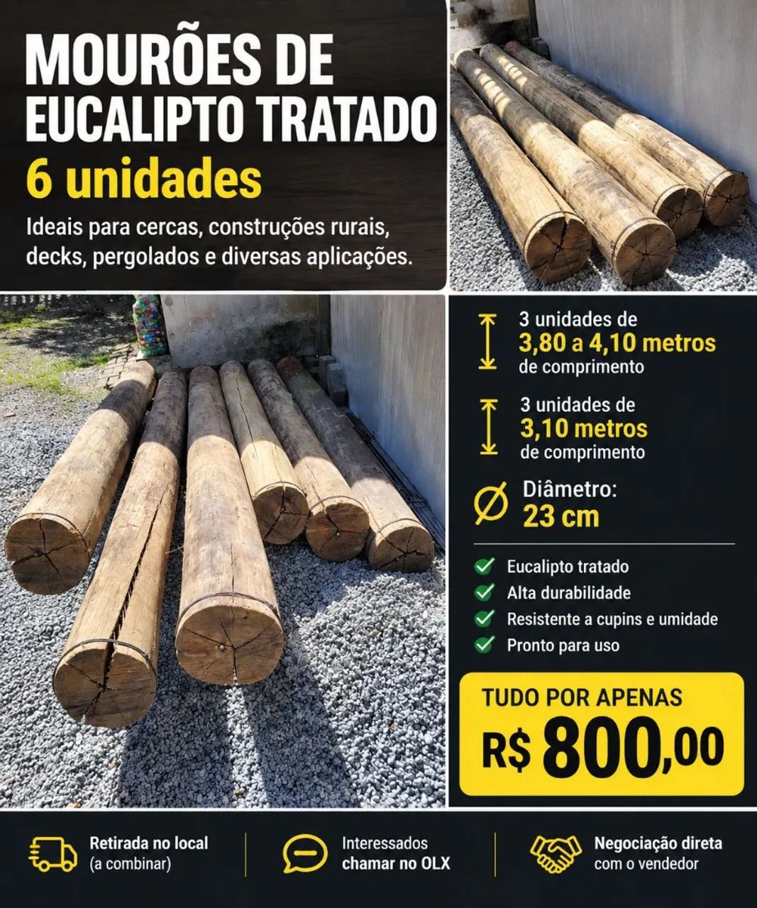6 mourões de eucalipto tratado
