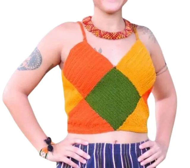 NOVO = cropped crochê P tricolor