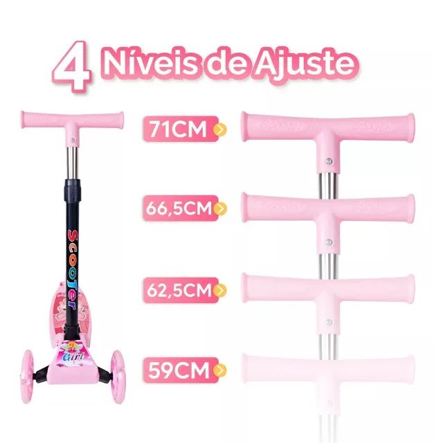 Patinete Infantil 3 Rodas De Led Dobrável -Rosa - Foto 2