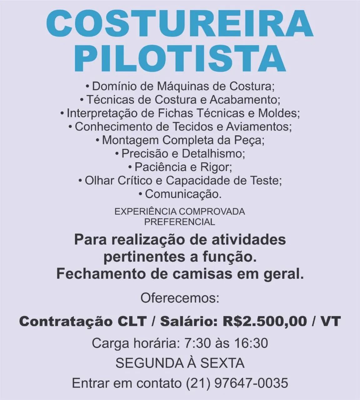 Vaga para Costureira Pilotista 