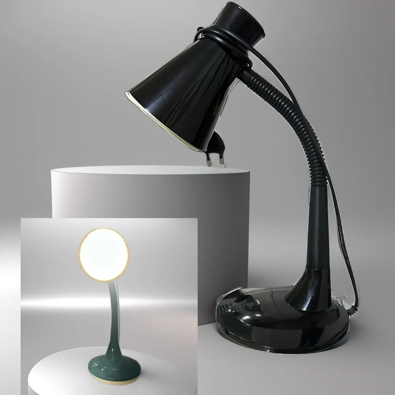 Luminária de mesa articulável, preta, LED.