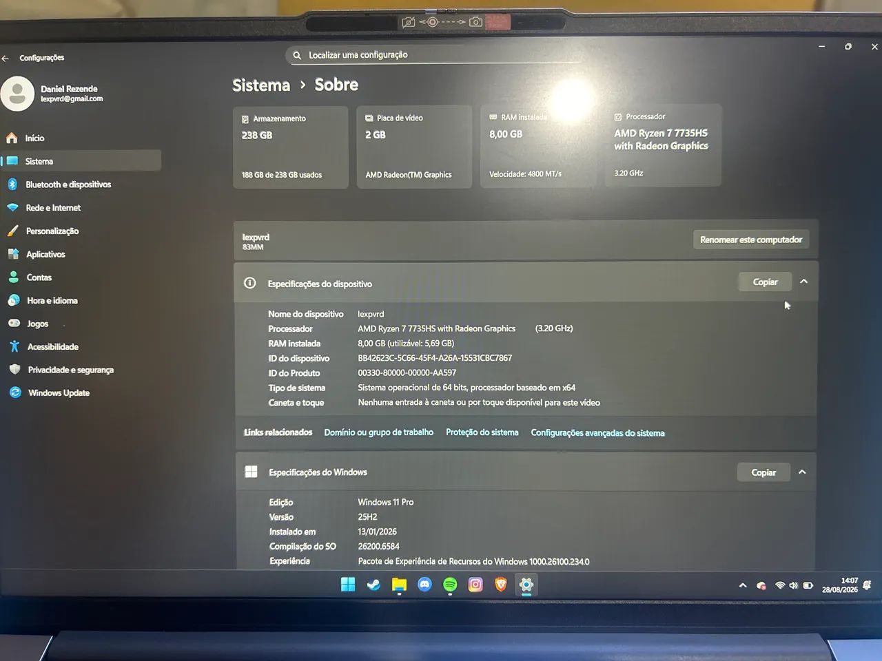 notebook Levono Slim3 Ryzen 7 7735hs com Windows 11 Pro - Foto 2