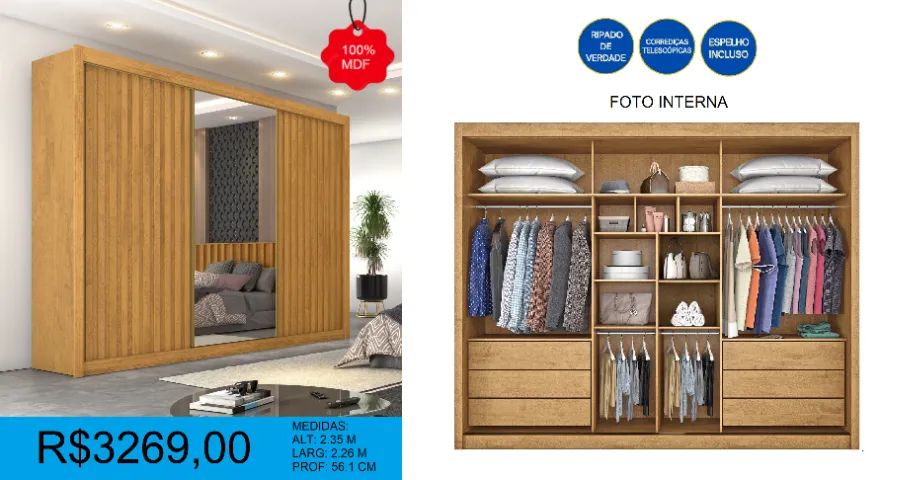 Guarda roupa ripado 3 portas de correr - entrega gratis