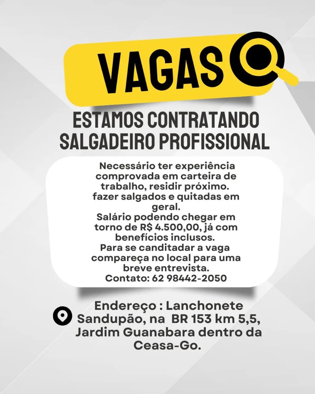 VAGA SALGADEIRO PROFISSIONAL 