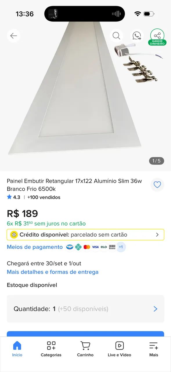 Luz painel de embutir retangular alumínio branco 