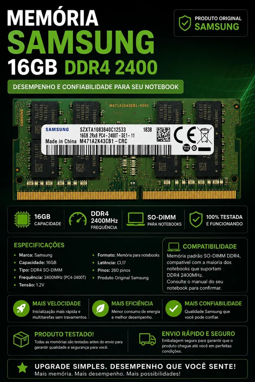 Memória RAM Samsung 16GB DDR4 2400MHz para Notebook - Memória RAM