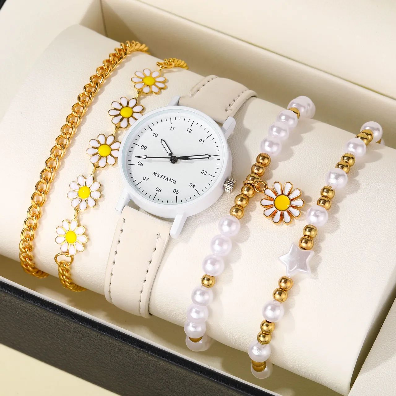 Combo Relógio Feminino Branco + 4 Pulseiras Casual - Beleza e Estilo com Pérolas 