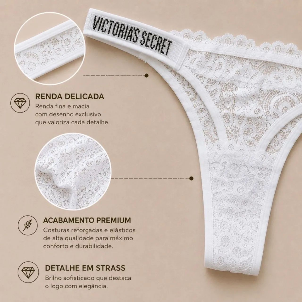 ? Kit 3 Calcinhas Fio Dental de Renda - Estilo Luxo - Foto 3