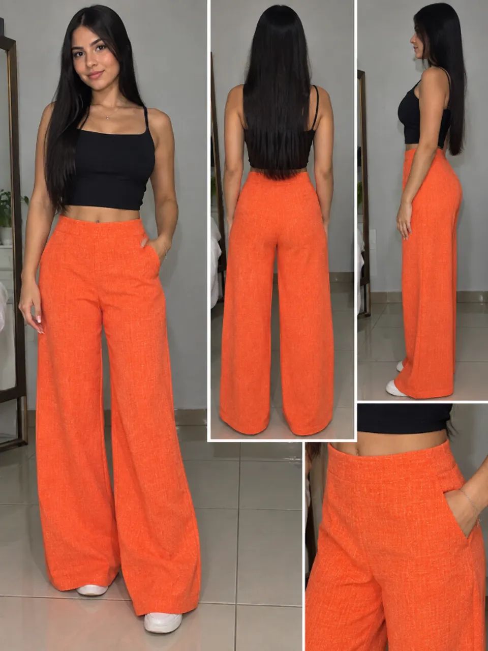 calça laranja de linho