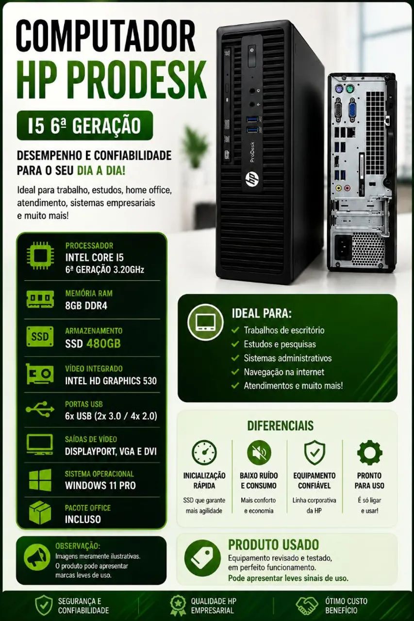 PRODESK I5 | 8GB DDR4 | SSD 480GB | WIN11PRO | OFFICE | FONTE 80PLUS