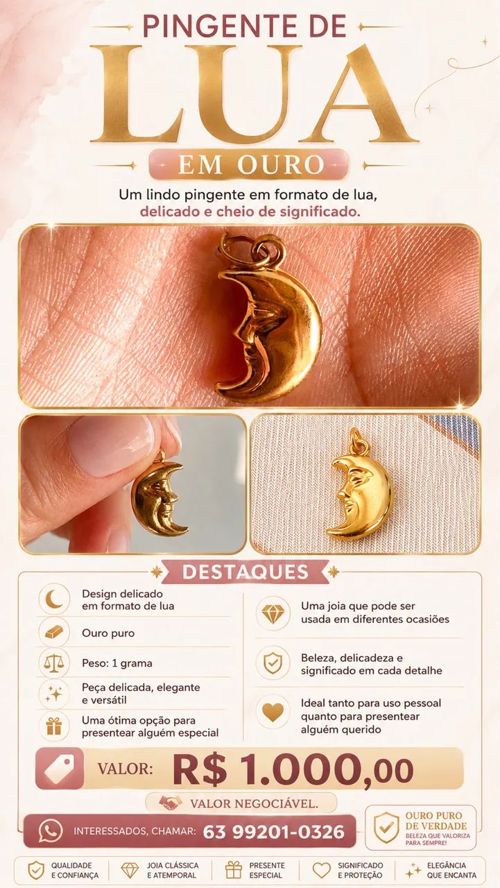 PINGENTE DE LUA EM OURO - 1 GRAMA - Foto 4