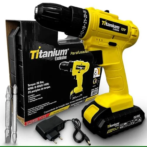 Parafusadeira Furadeira 12V Bivolt Titanium sem fio - Nova