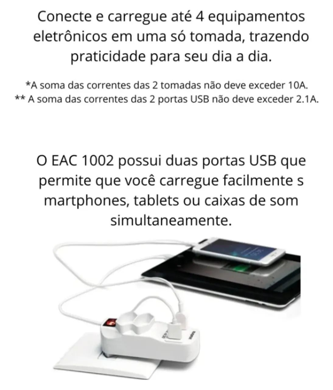 Adaptador Intelbras De 2 Tomadas E 2 Usb EAC 1002 Branco - 127/220v - Foto 3