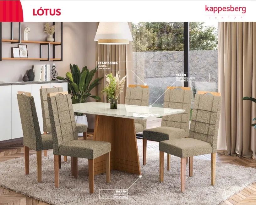 Conjunto Mesa de Jantar Laqueada com tampo em vidro 4 Cadeiras em madeira eucalipto 