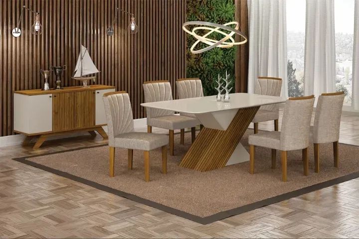 Mesa de Jantar Ilhéus Leifer 6 Cadeiras, com tampo em MDF + Vidro