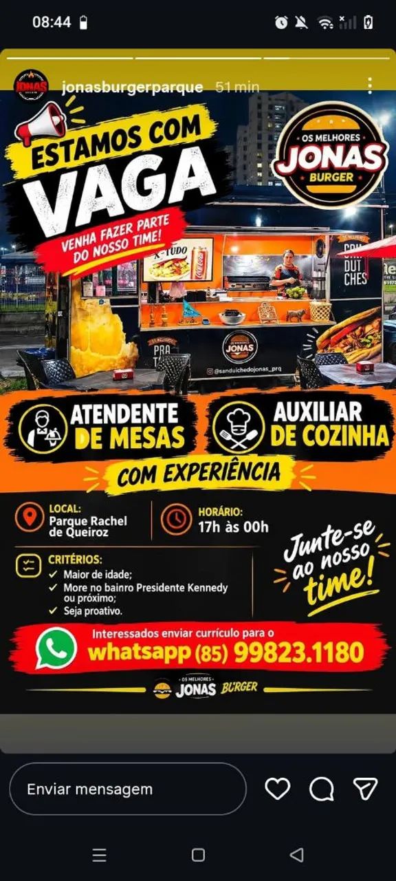 VAGA ATENDENTE E AUXILIAR DE COZINHA