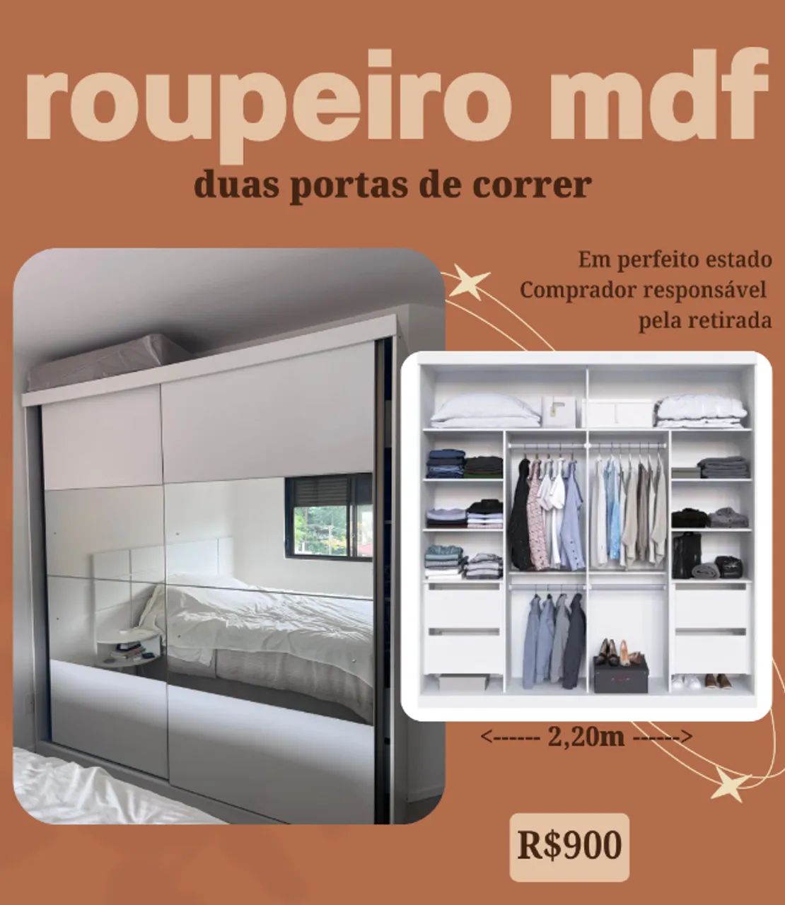 Roupeiro MDF 2 portas de correr em perfeito estado