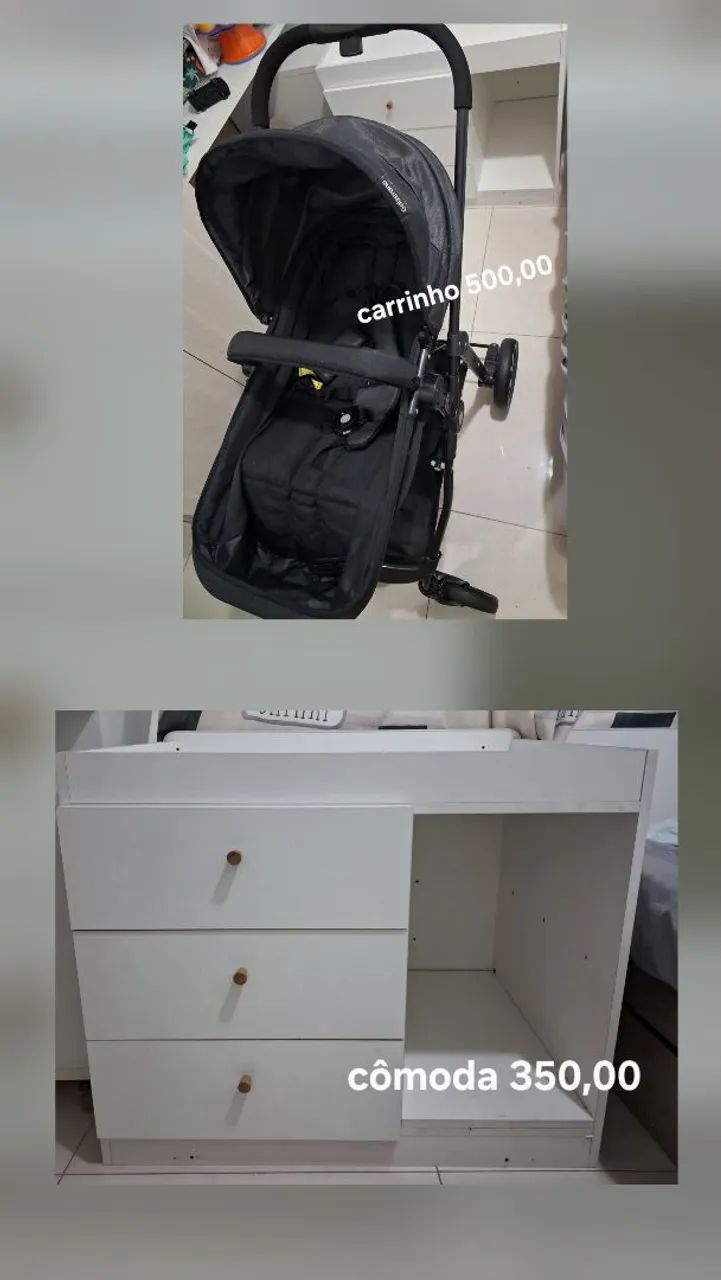 Carrinho de bebê e cômoda 
