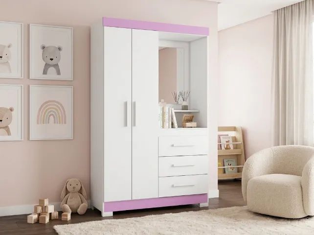 Guarda Roupa Solteiro Rosa com Espelho - FRETE E MONTAGEM GRÁTIS!