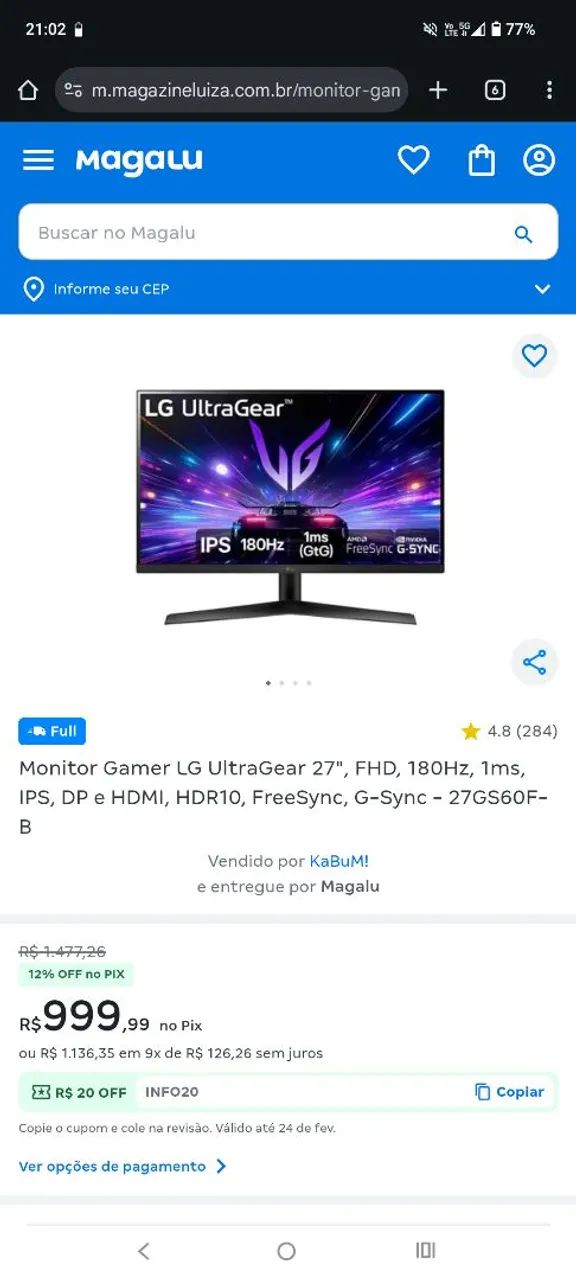 Monitor LG 27polegadas 180Hz  - Foto 3