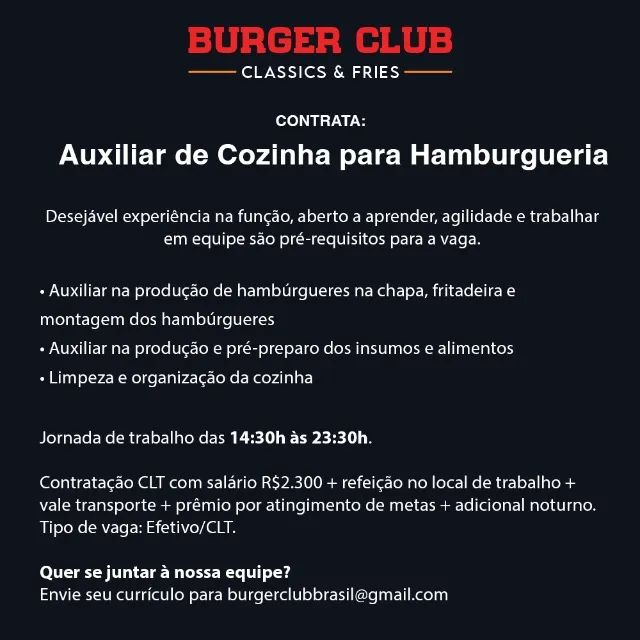 Auxiliar de Cozinha para Hamburgueria