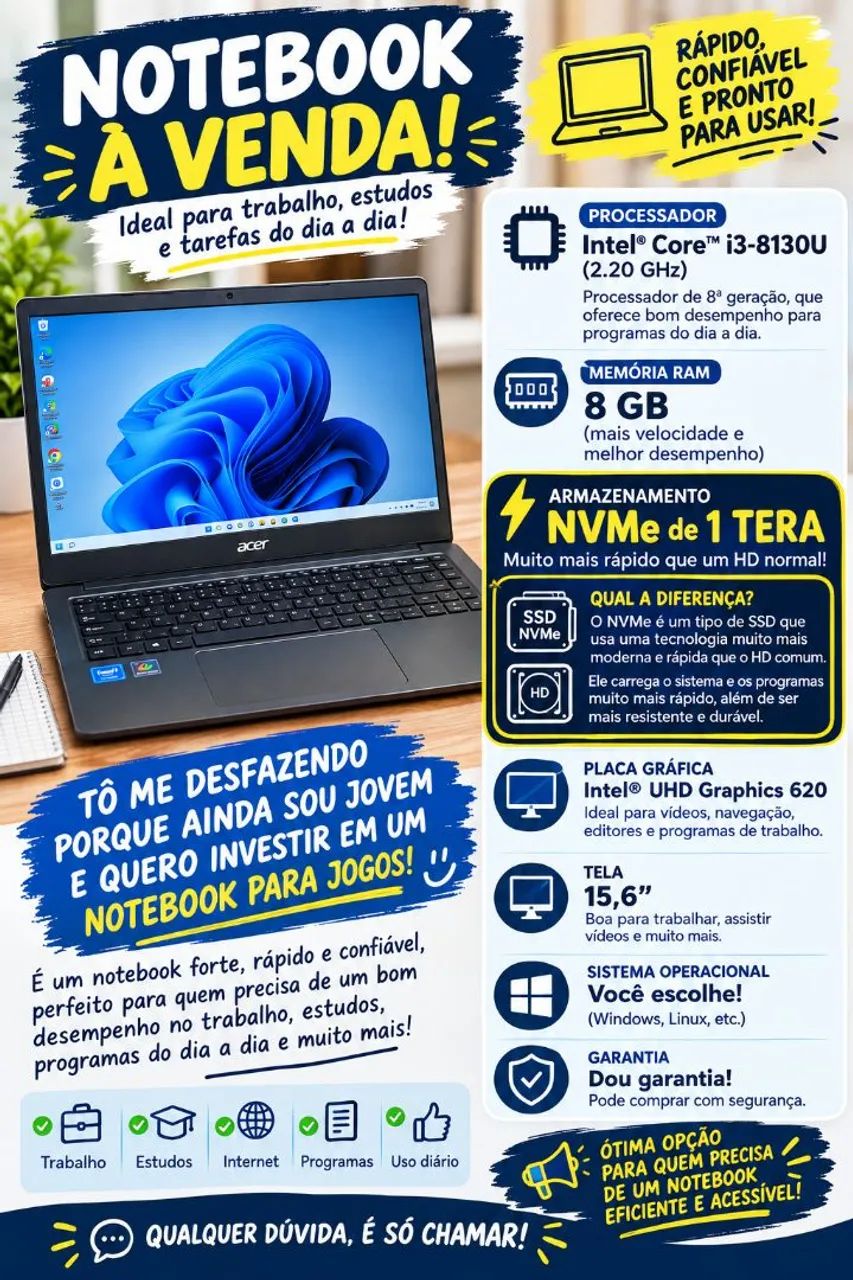 Notebook i3 8° geração  8 gigas ram nmve 1 tera