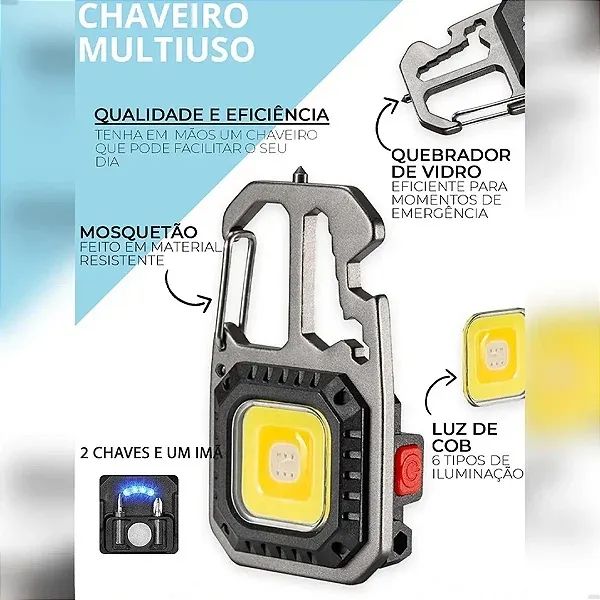 Mini Lanterna Chaveiro COB Multifuncional Abridor Quebra-Vidro USB 800mAh - Lelong - Foto 3