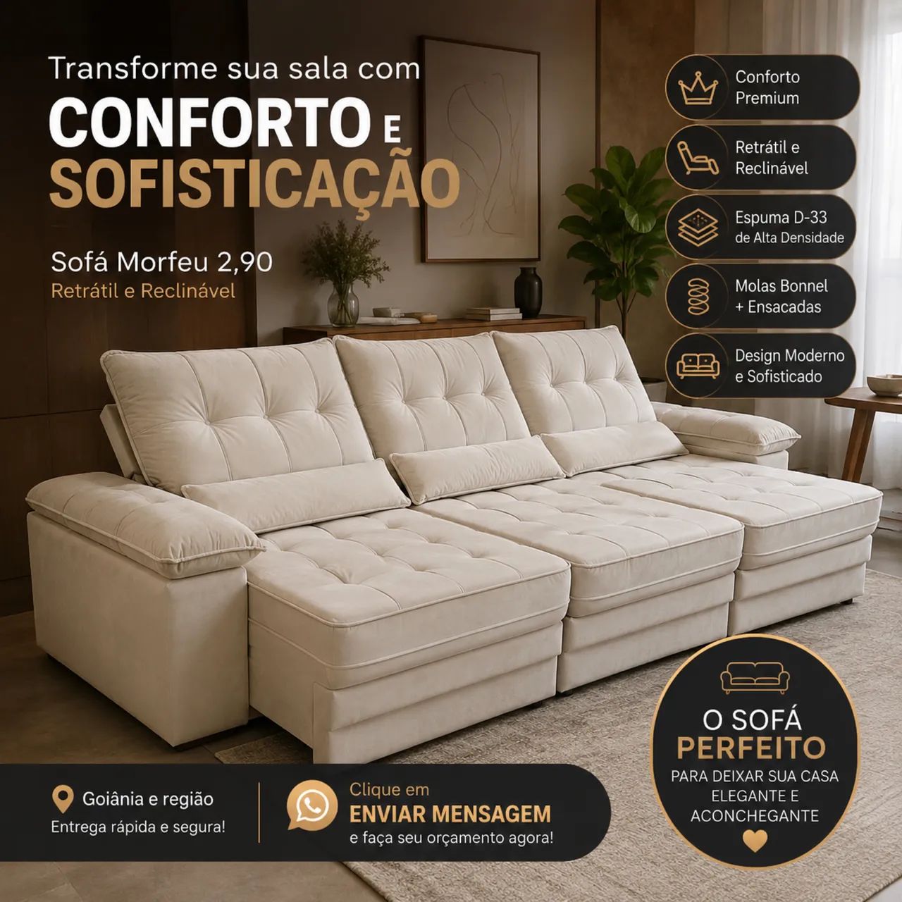SOFÁ RETRÁTIL E RECLINÁVEL - TAMANHO 2,90x1,80