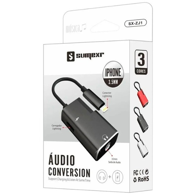 Adaptador iPhone Dual Lightning Carrega E Fone Duplo Metal