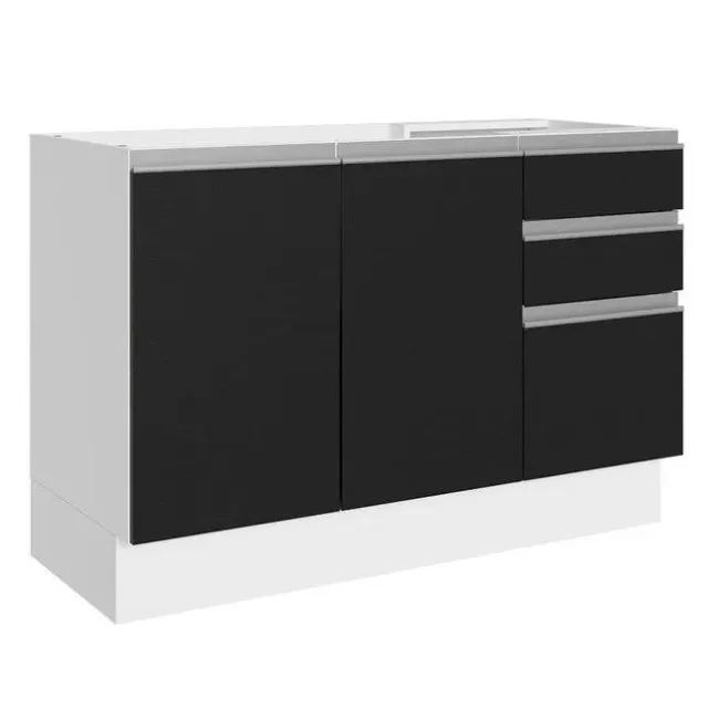 Balcão Gabinete de Pia 100% MDF 120 cm 3 Portas 2 Gavetas Branco/Preto MV Decor
