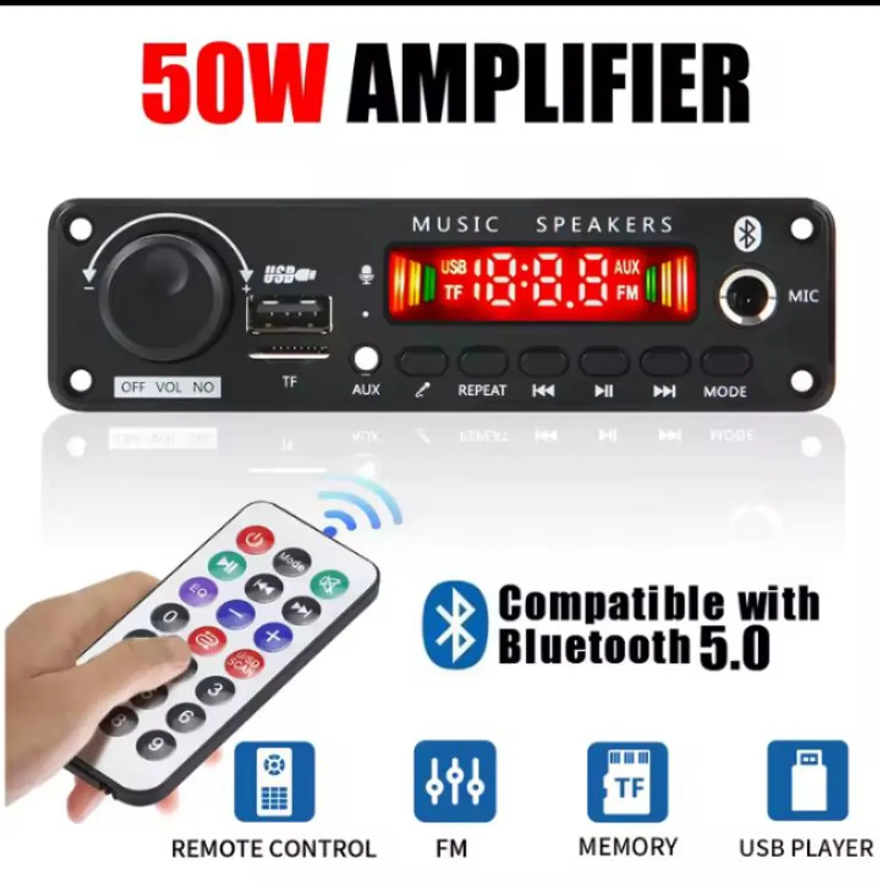 Módulo Amplificador 50W Bluetooth 5.0 USB/TF/AUX/FM