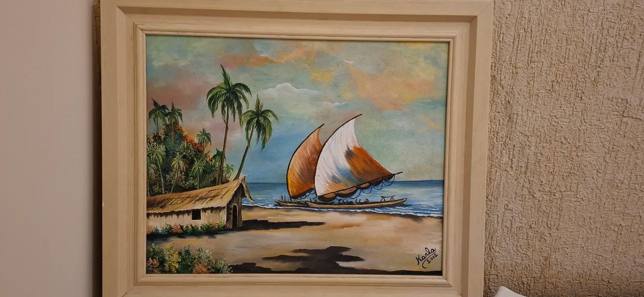 Quadro Pintura Praia com Barcos e Paisagem