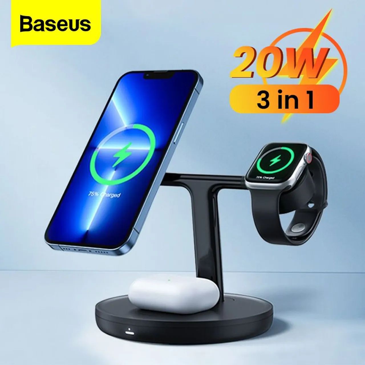 Carregador Magnético 3 Em 1 Com Magsaf 20w para IPhone + carregador 20W e cabo 1M