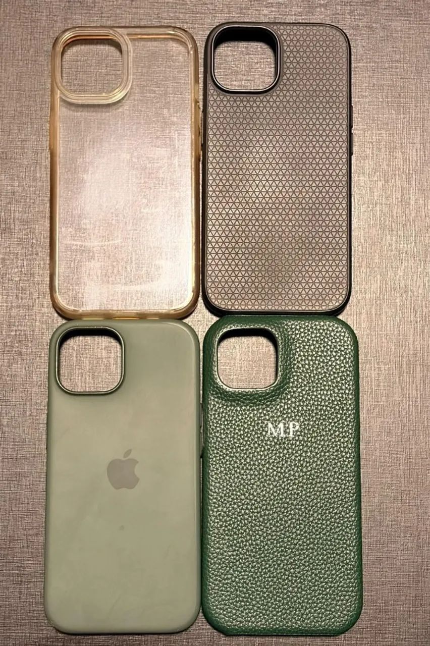 Kit 4 capas iPhone 15 usadas: Apple, Spigen e couro