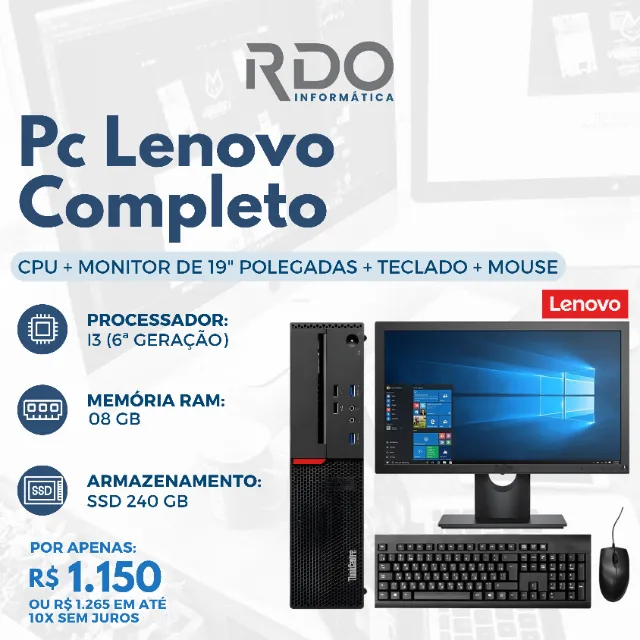 PC Lenovo Completo i7 6ª Geração 8GB SSD 240GB Monitor 19