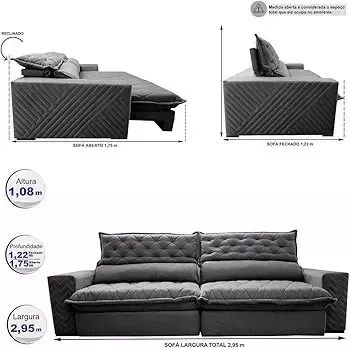 SOFÁ RETRÁTIL E RECLINÁVEL 2,95M MOLAS ENSACADAS CAMA INBOX SPAZUS COM BORDADO 3D VELOSOFT - Foto 4