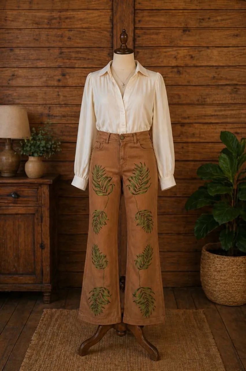 Calça jeans marrom pintada a mão  - Foto 3