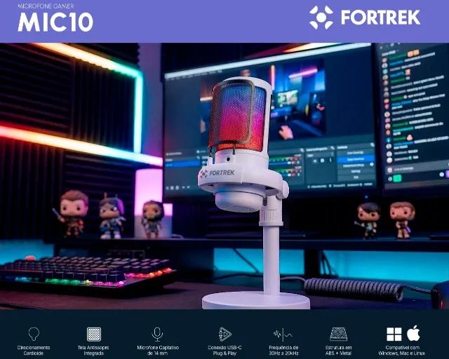 Microfone Gamer Usb Branco Mic10 Fortrek *ENTREGA GRÁTIS*