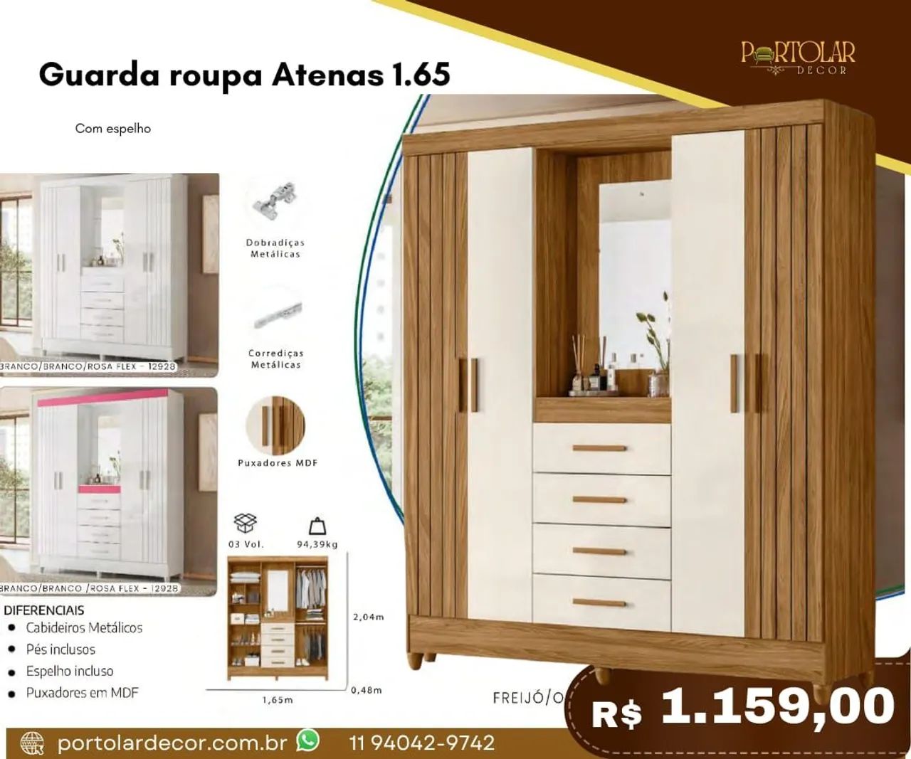 Guarda Roupa Atenas 1.65 - à pronta entrega 