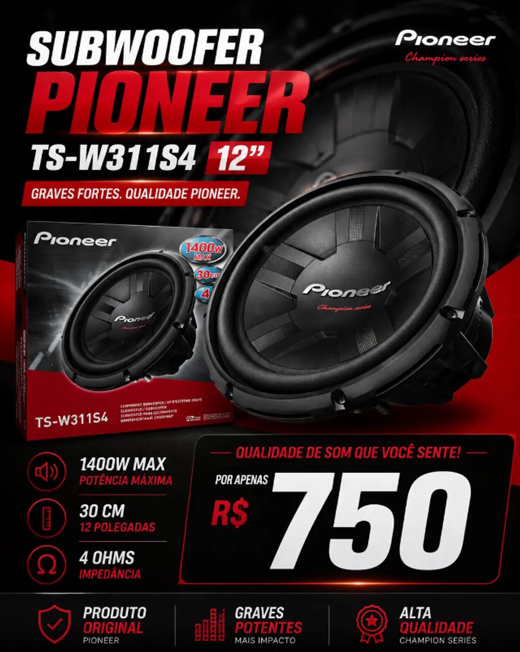 Subwoofer PIONNERR TS-W311S4 de 12 polegadas Som