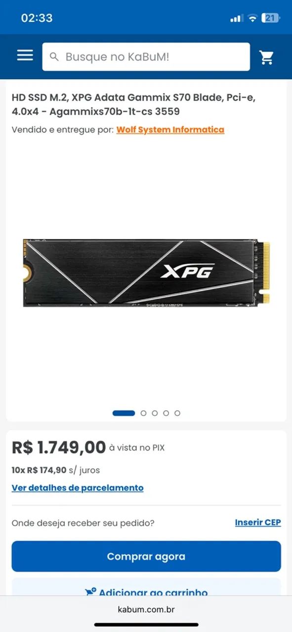 NVME XPG 1TB 7400mbs