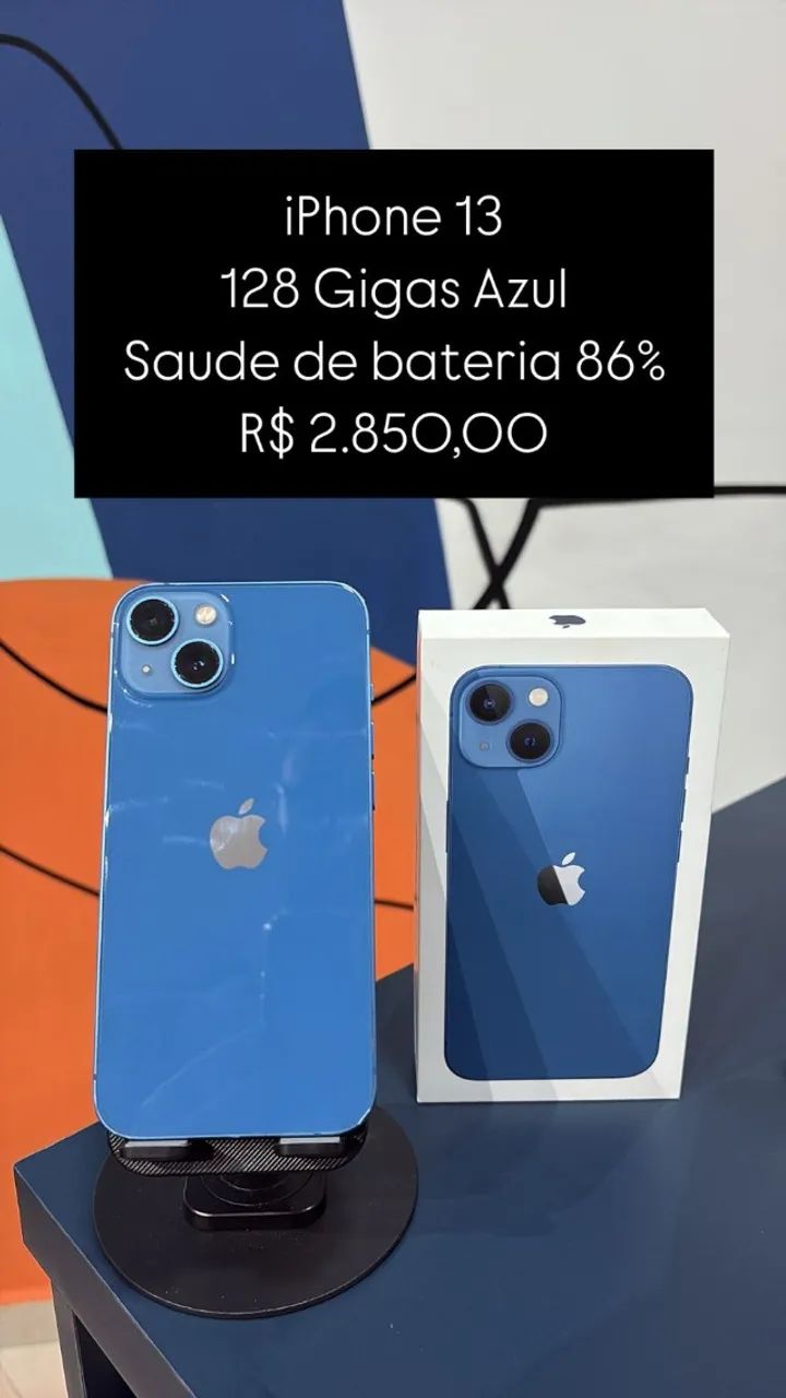 iPhone 13 / 128 GB / Azul / Saúde de bateria 86% / R$ 2.850,00
