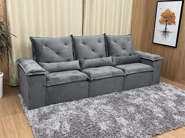 Sofá Retrátil 3 Lugares 270cm Veludo Cinza - Foto 2