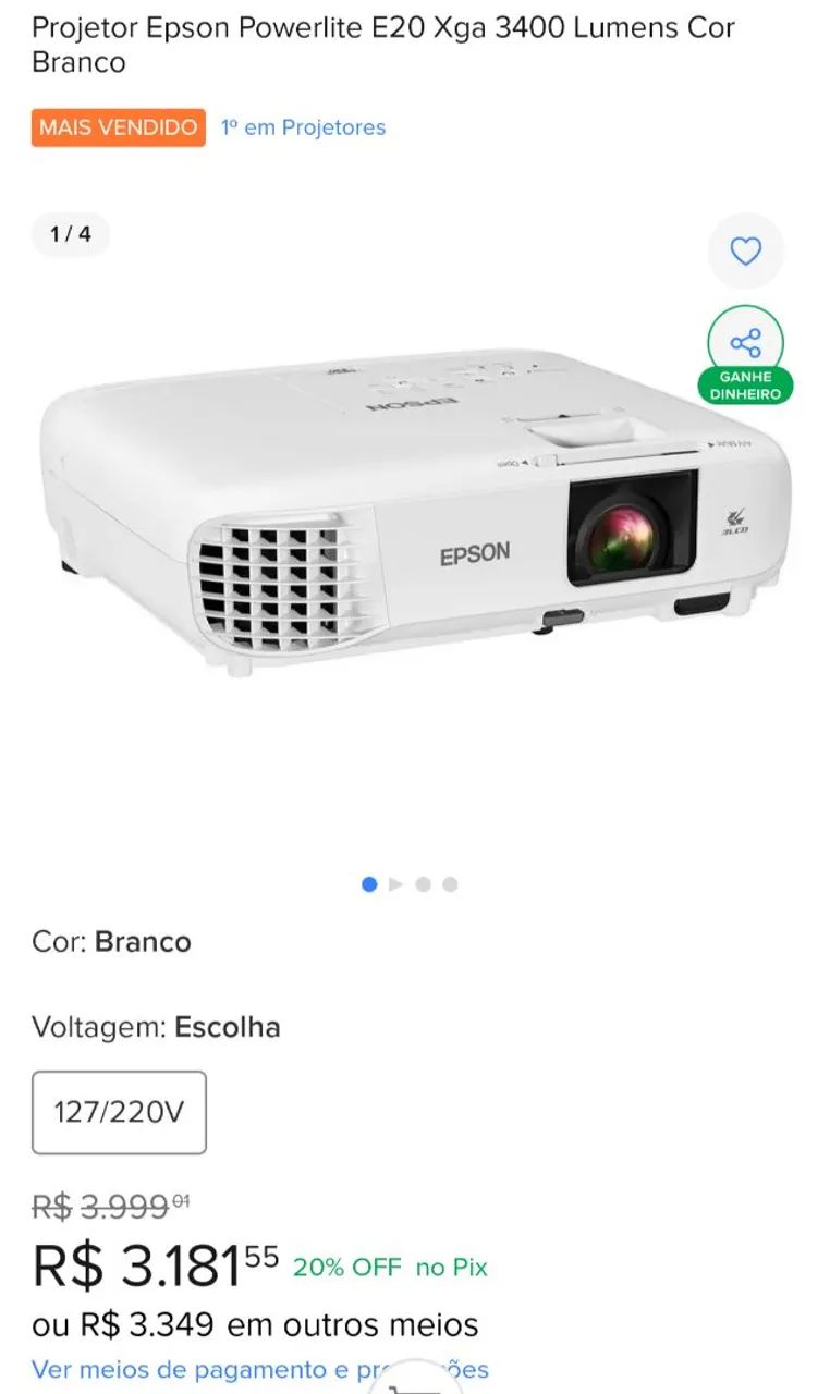 Projetor Epson Powerlite E20 Xga 3400 Lumens Cor Branco - Foto 5