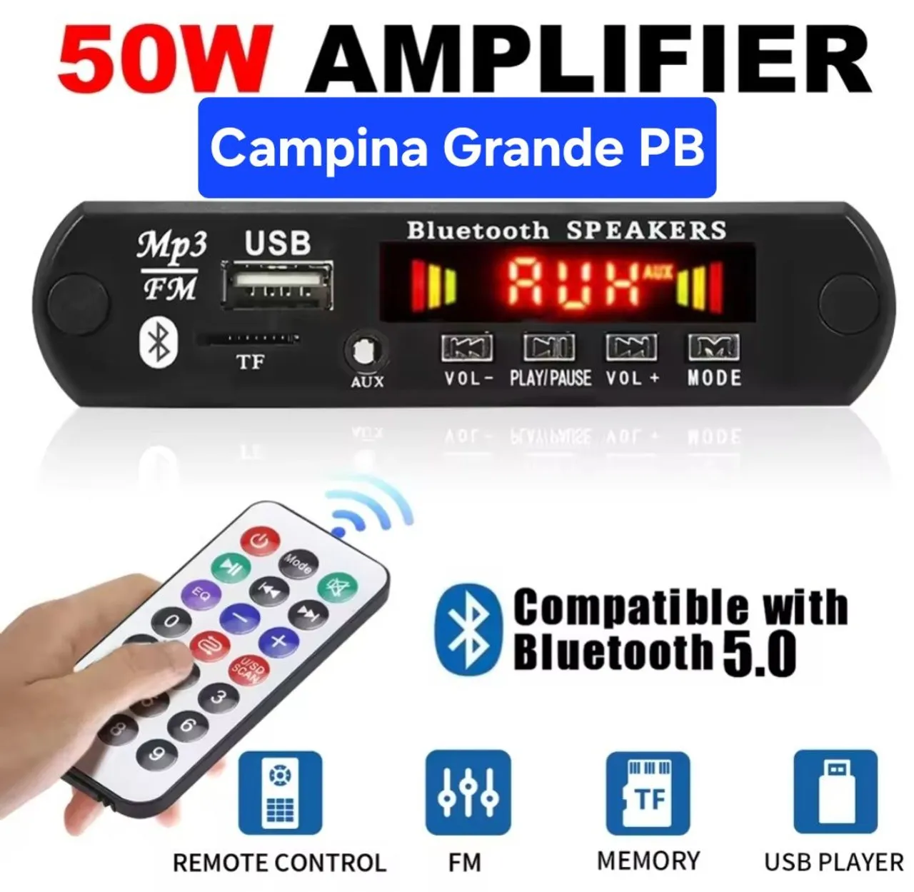 Placa decodificadora Amplificada 50W Bluetooth/usb/rádio