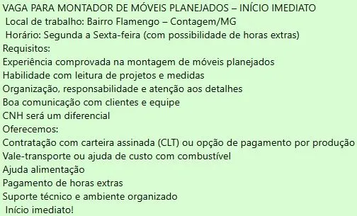 Vaga para montador de móveis planejados com experiência