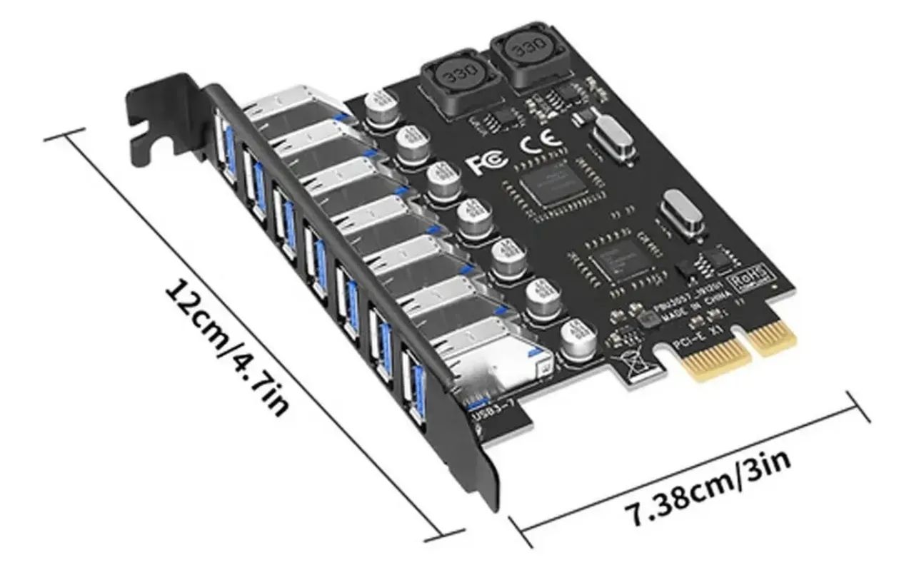 Placa pci express USB 3.0 7 saídas com módulo de energia 