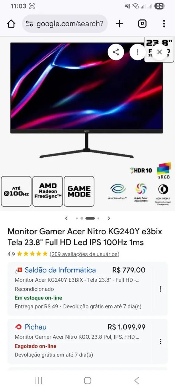 Monitor acer 23.8 polegada 100htz 