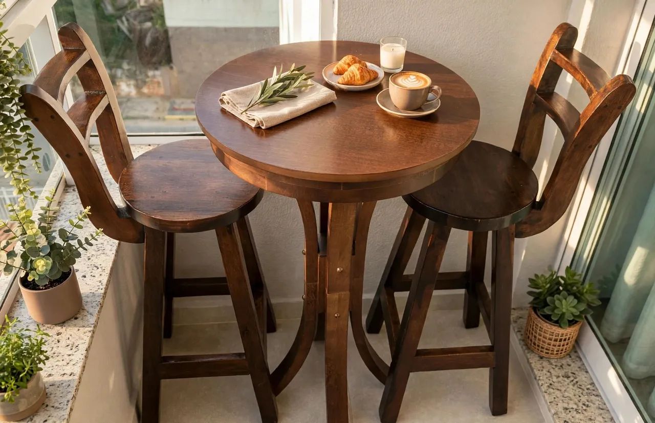 Mesa e banquetas Bistrô madeira nobre